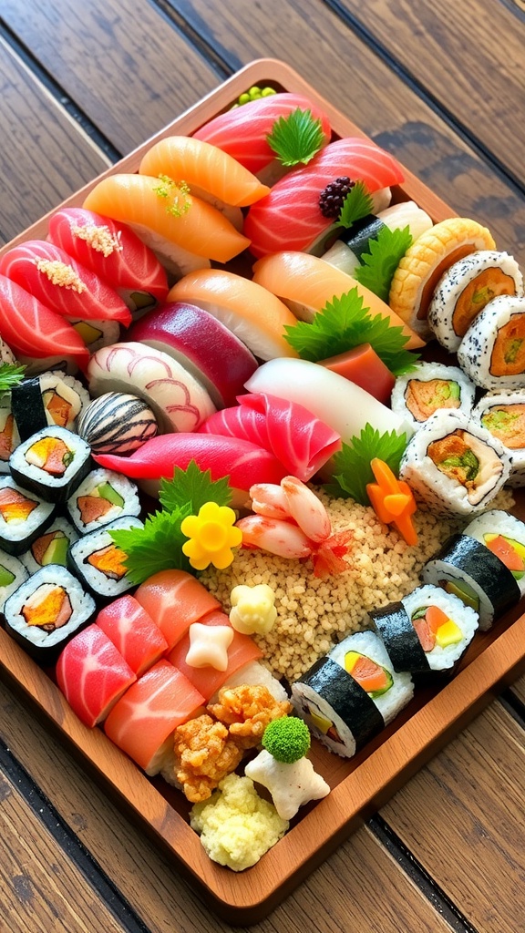 An assortment of sushi including Maki rolls, Nigiri, and Chirashi, beautifully presented on a wooden platter.
